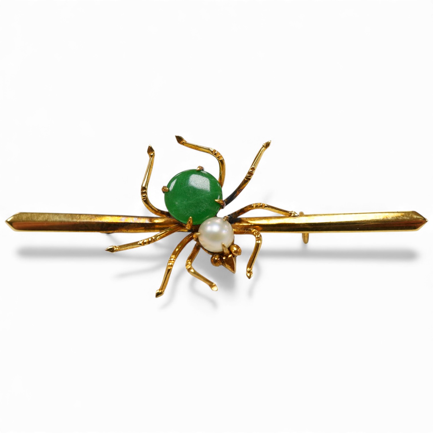 A Far Eastern 14k yellow metal, jade and cultured pearl set spider bar brooch, 47mm, gross weight 1.9 grams.